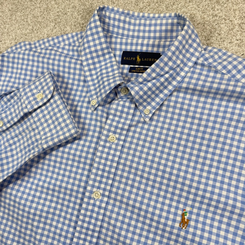 Ralph Lauren Button‎ Down Men 2XL Blue Gingham Slim Fit Stretch Oxford Shirt